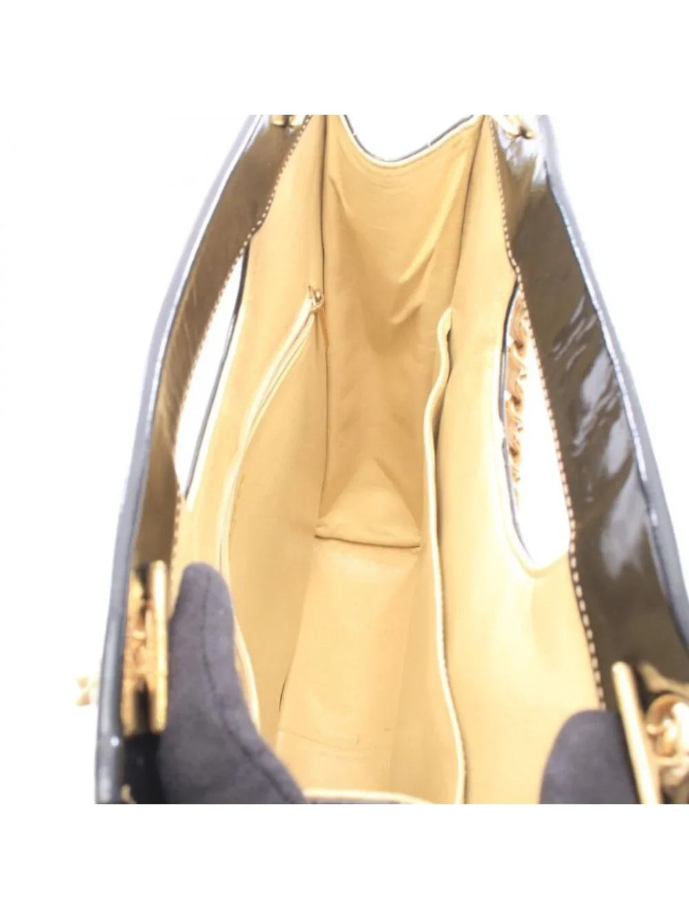 Chanel Tote Bag Choco Bar 2-Way Beige Black Leather Patent Shoulder